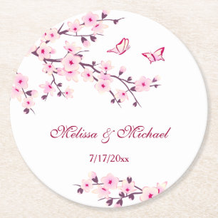 Cherry Blossom Pink White Wedding Runder Pappuntersetzer