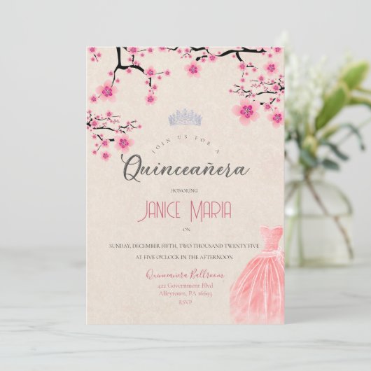 Cherry Blossom Quinceañera Einladung (Stehend Vorderseite)