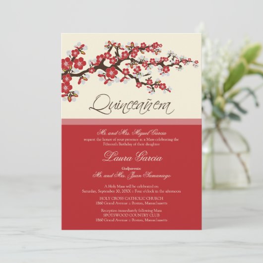 Cherry Blossom Quinceanera Invitation (rot) Einladung (Stehend Vorderseite)