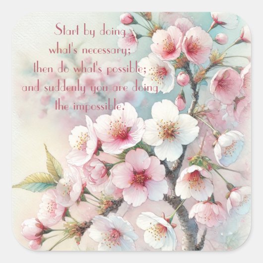 Cherry Blossom & Quote Quadratischer Aufkleber (Vorderseite)