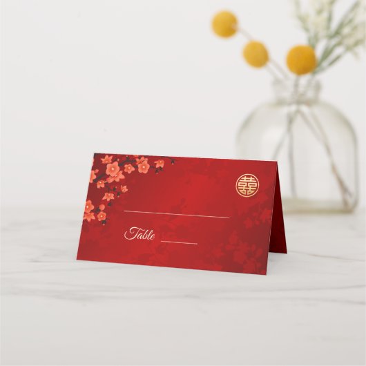 Cherry Blossom Red Gold | Chinesische Hochzeit Platzkarte (Vorderseite)
