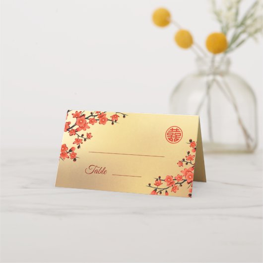Cherry Blossom Red Gold | Chinesische Hochzeit Platzkarte (Vorderseite)