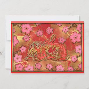 Cherry Blossom Red Gold Kaninchen Chinesisches Neu Feiertagskarte