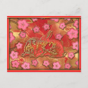 Cherry Blossom Red Gold Kaninchen Chinesisches Neu Feiertagspostkarte