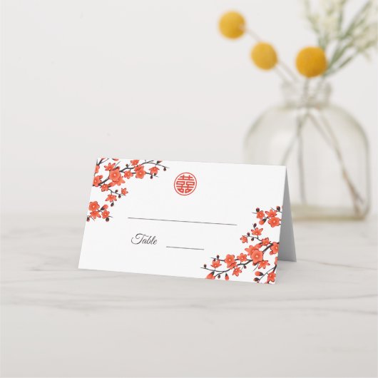 Cherry Blossom Red White | Chinesische Hochzeit Platzkarte (Vorderseite)