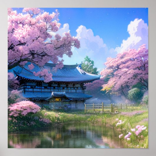 Cherry Blossom Retreat, Haven by Pond Poster (Vorne)