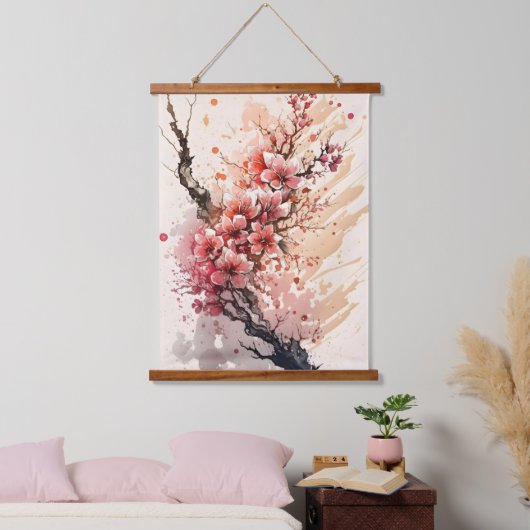 Cherry Blossom Rosa Blume Wandteppich Mit Holzrahmen (Schlafzimmer)