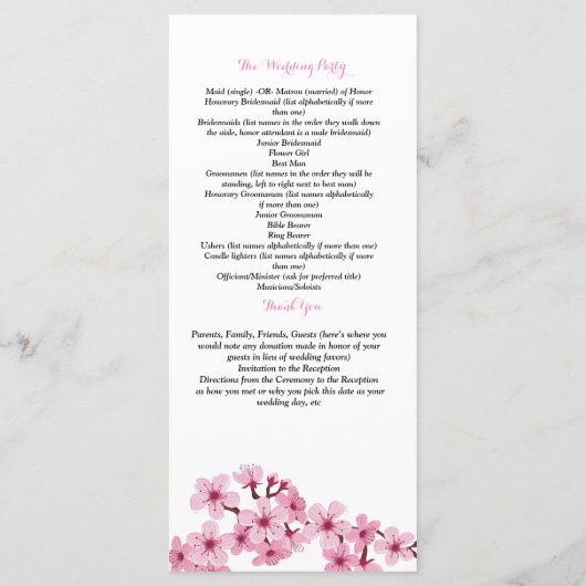 Cherry Blossom Rosa Zeremonie Programm (Rückseite)