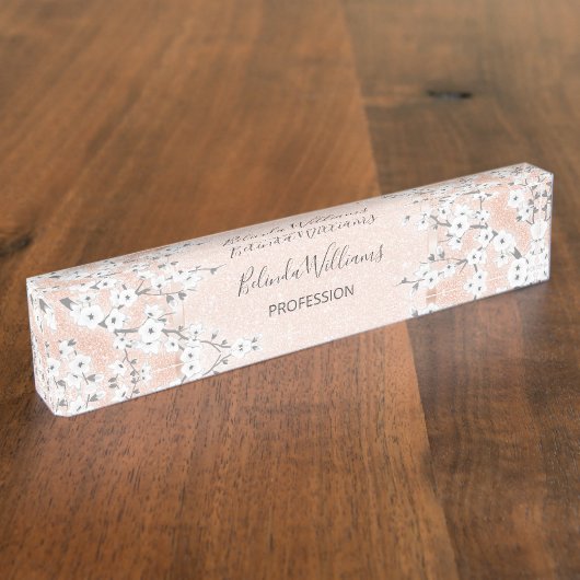 Cherry Blossom Rose Gold Blush Glitzer Namensplakette (Seite)