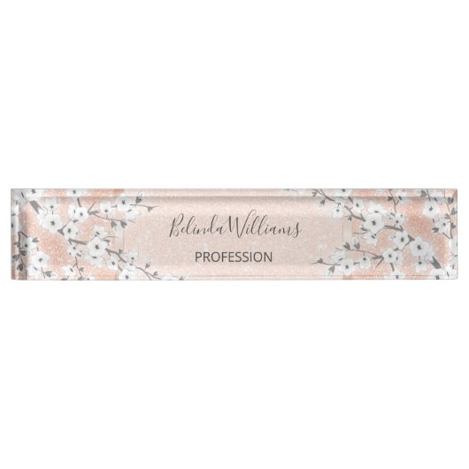Cherry Blossom Rose Gold Blush Glitzer Namensplakette (Vorderseite)