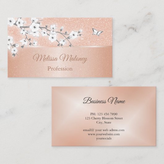 Cherry Blossom Rose Gold Gray Visitenkarte (Vorne/Hinten)
