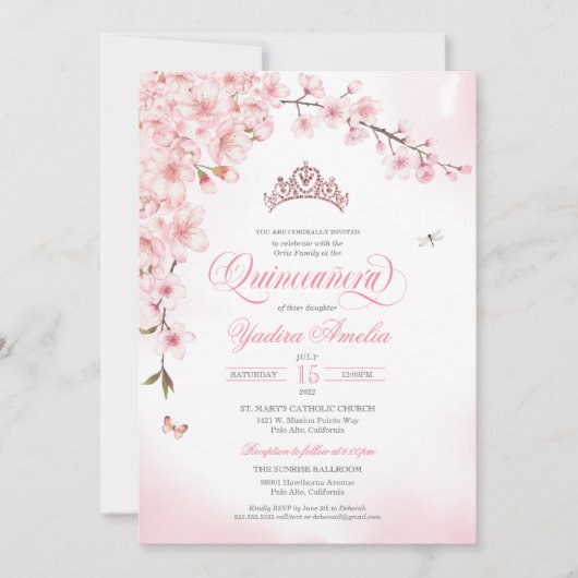 Cherry Blossom Rose Gold Tiara Pink Quinceñera Einladung (Vorderseite)