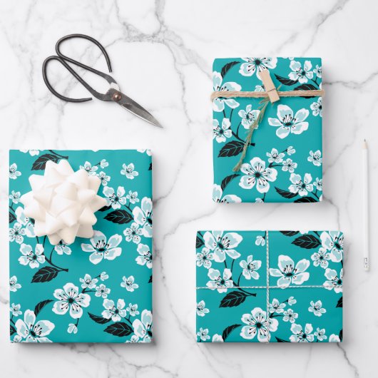 CHERRY BLOSSOM - SAKURA (AQUAMARIN) GESCHENKPAPIER SET (Vorderseite)