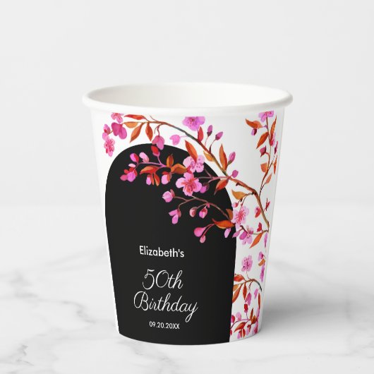 Cherry Blossom Sakura Blume Schwarz-weiß Geburtsta Pappbecher (Rückseite)