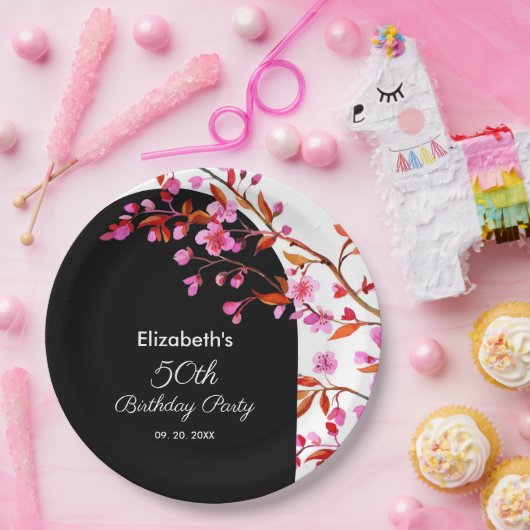 Cherry Blossom Sakura Blume Schwarz-weiß Geburtsta Pappteller (Party)