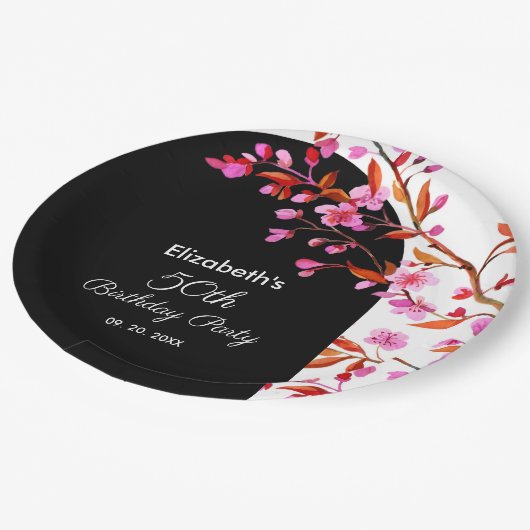 Cherry Blossom Sakura Blume Schwarz-weiß Geburtsta Pappteller (Schrägansicht)
