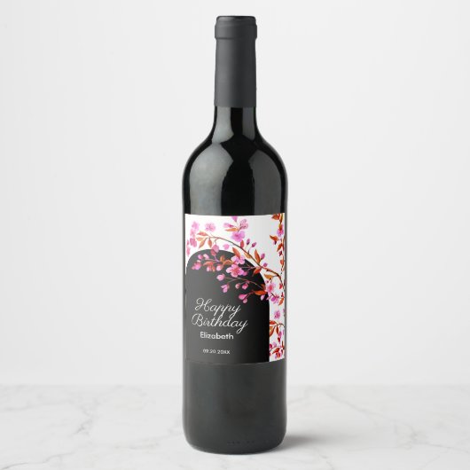 Cherry Blossom Sakura Blume Schwarz-weiß Geburtsta Weinetikett (Vorderseite)
