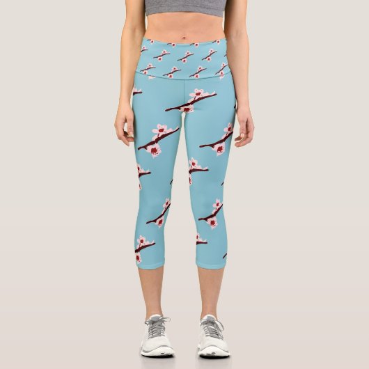 Cherry Blossom, Sakura, rosa Blumenmuster Capri Leggings (Vorderseite)