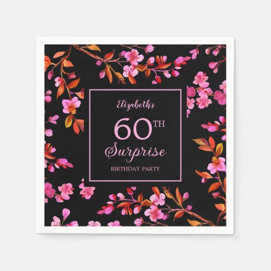 Cherry Blossom Sakura Überraschung Schwarzer Gebur Serviette (Vorderseite)