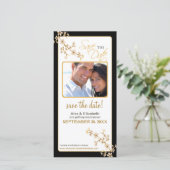 Cherry Blossom Save the Date Fotokarte (gold/schwa (Stehend Vorderseite)