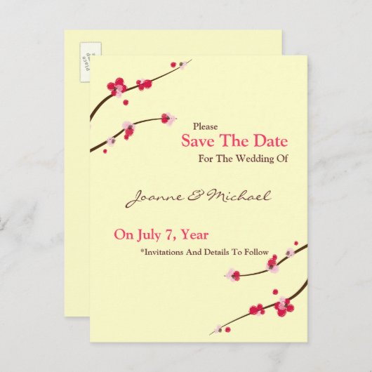 Cherry Blossom Save the Date Postkarte (Vorne/Hinten)