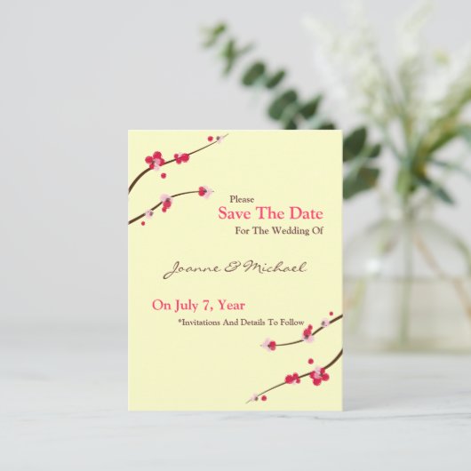 Cherry Blossom Save the Date Postkarte (Stehend Vorderseite)