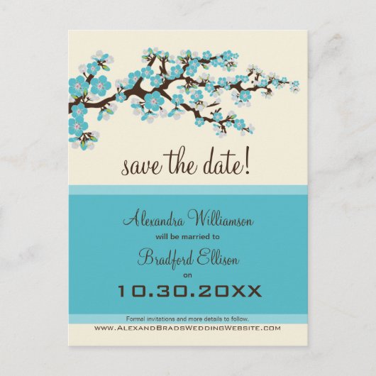 Cherry Blossom Save the Date Postkarte (aqua) (Vorderseite)