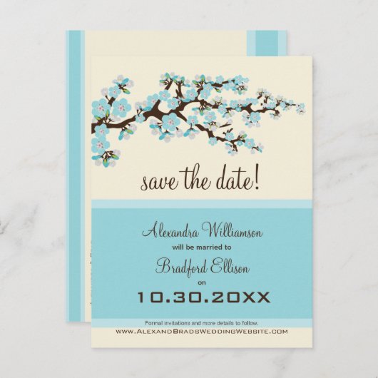 Cherry Blossom Save the Date Postkarte (blau) (Vorne/Hinten)
