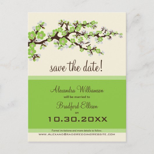 Cherry Blossom Save the Date Postkarte (grün) (Vorderseite)