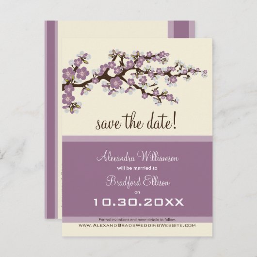 Cherry Blossom Save the Date Postkarte (lilac) (Vorne/Hinten)
