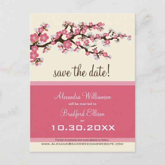 Cherry Blossom Save the Date Postkarte (pink) (Vorderseite)