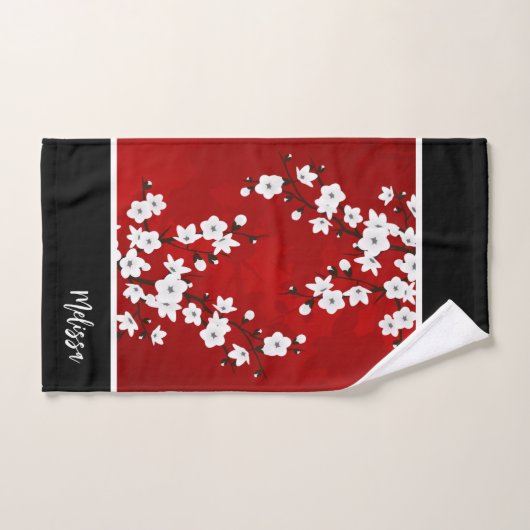 Cherry Blossom Schwarz-weißes Monogramm Badhandtuch Set (Handtuch)