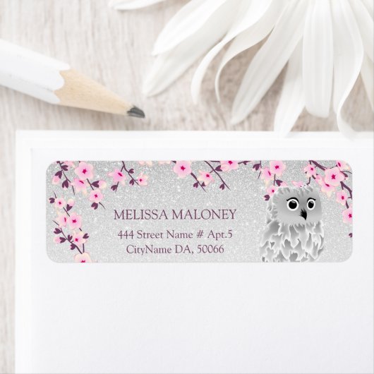 Cherry Blossom Silver Glitzer Owl (Insitu)