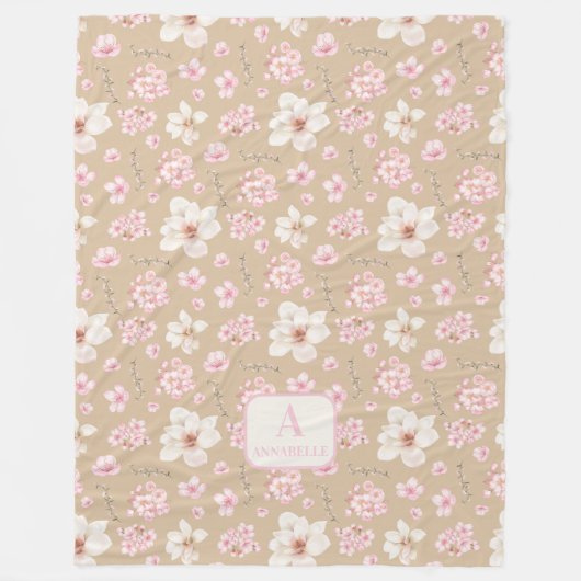 Cherry Blossom Spring Monogram Pink Fleecedecke (Vorderseite)