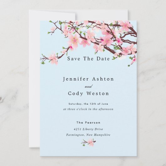Cherry Blossom Spring Wedding Save the Date Blue (Vorderseite)