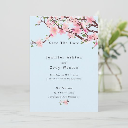 Cherry Blossom Spring Wedding Save the Date Blue (Stehend Vorderseite)