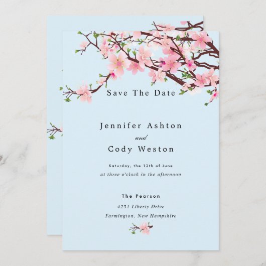 Cherry Blossom Spring Wedding Save the Date Blue (Vorne/Hinten)