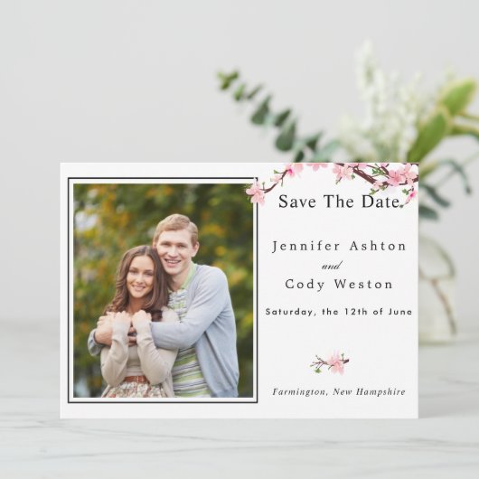 Cherry Blossom Spring Wedding Save the Date FOTO (Stehend Vorderseite)