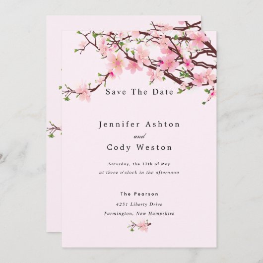 Cherry Blossom Spring Wedding Save the Date Pink (Vorne/Hinten)