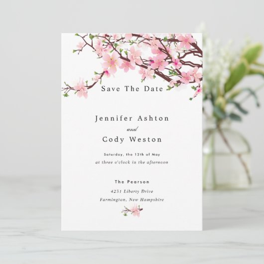 Cherry Blossom Spring Wedding Save the Date White (Stehend Vorderseite)