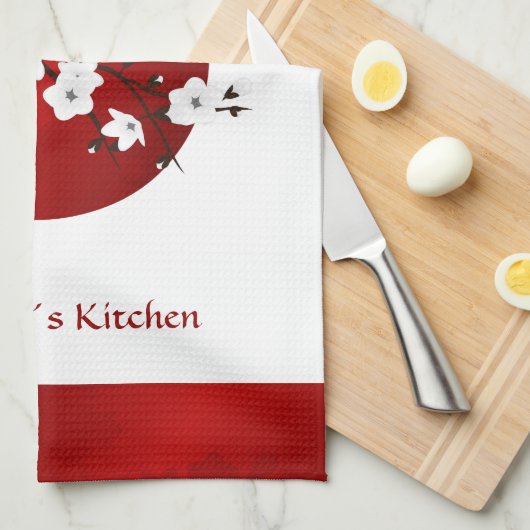 Cherry Blossom Steigend Sun Red Schwarz-weiß Monog Geschirrtuch (Viertel Falte)