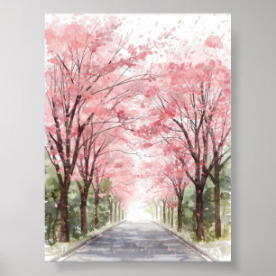 Cherry Blossom Street Watercolor Poster