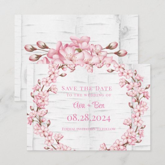 Cherry Blossom Tree Bark Save the Date Card Dankeskarte (Vorne/Hinten)