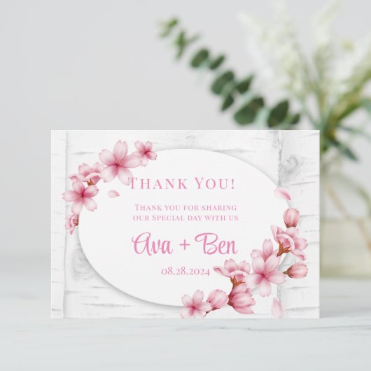 Cherry Blossom Tree Bark Wedding Dankeskarte (Stehend Vorderseite)