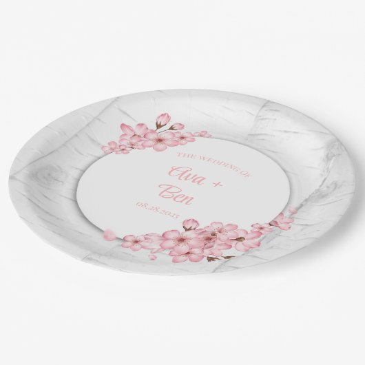 Cherry Blossom Tree Bark Wedding Pappteller (Schrägansicht)