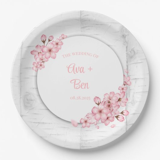 Cherry Blossom Tree Bark Wedding Pappteller (Vorderseite)
