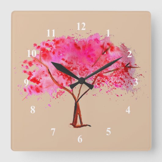 Cherry Blossom tree modern floral watercolor art Quadratische Wanduhr (Vorderseite)