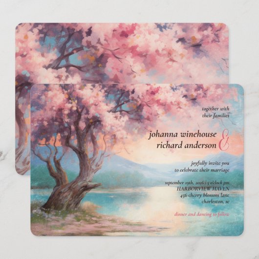 Cherry Blossom Tree nähe See Wedding Einladung (Vorne/Hinten)