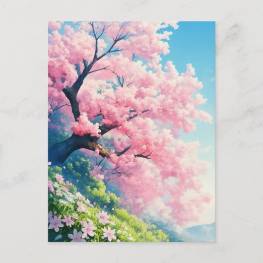 Cherry Blossom Tree on Sunny Green Hillside Postkarte (Vorderseite)