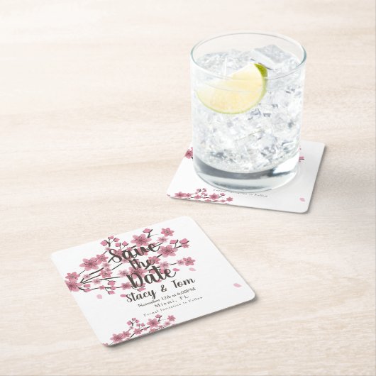Cherry Blossom Tree Petals Save the Date Rechteckiger Pappuntersetzer (Vor Ort)